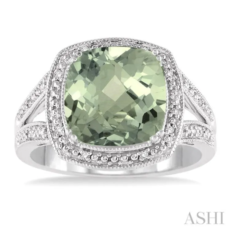 10x10 mm Cushion Cut Green Amethyst and 1/20 ctw Single Cut Diamond Ring in Sterling Silver