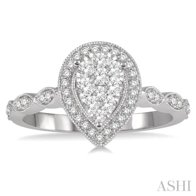 1/2 ctw Pear Shape Mount Marquise Shank Lovebright Round Cut Diamond Ring in 14K White Gold