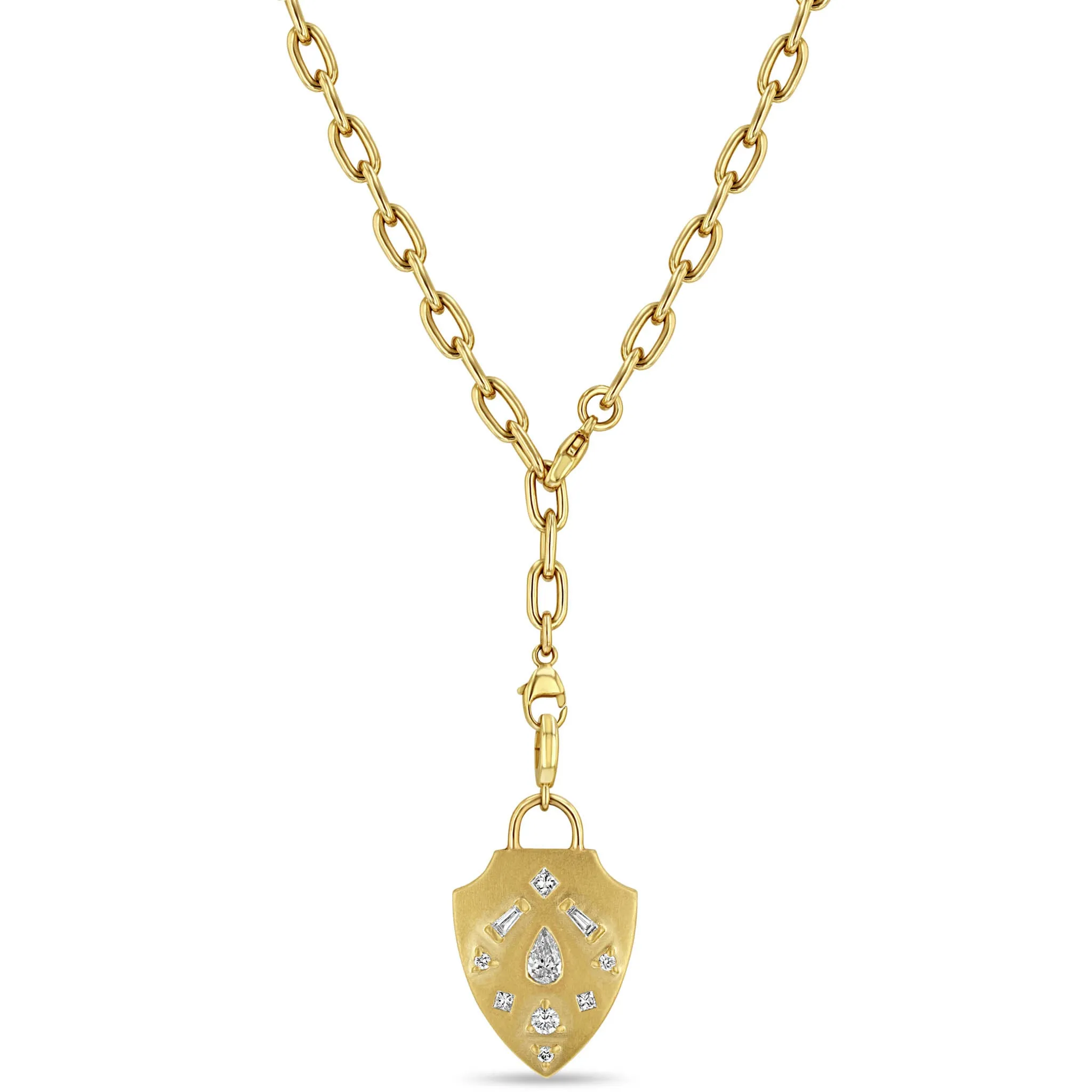 14k Diamond Mosaic Brushed Gold Shield Adjustable Chain Necklace