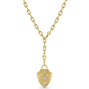 14k Diamond Mosaic Brushed Gold Shield Adjustable Chain Necklace