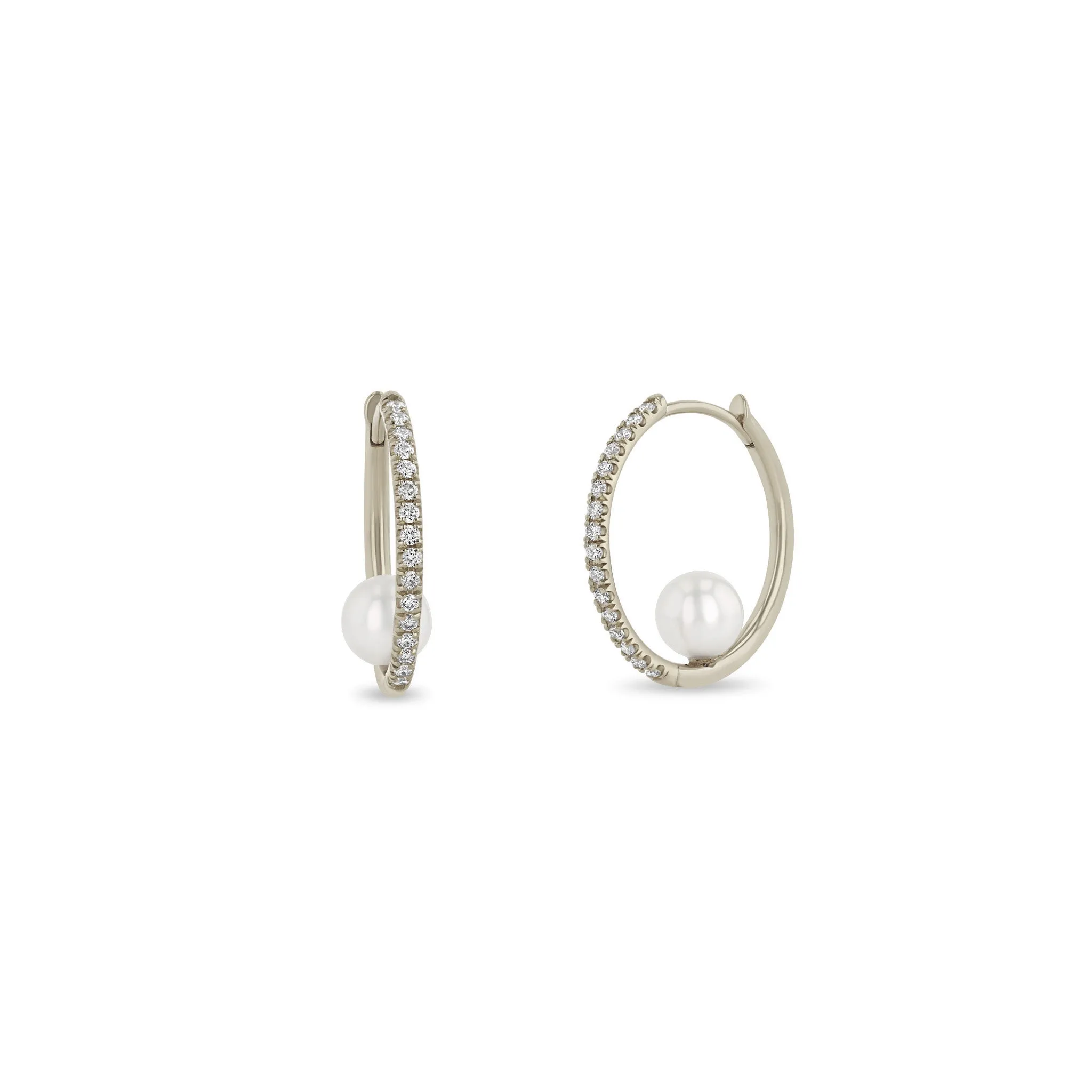 14k Nested Pearl Large Pavé Diamond Hinge Huggie Hoops