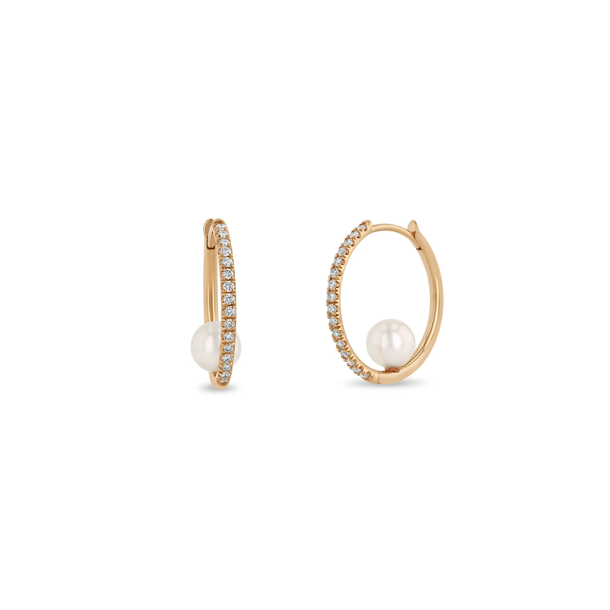 14k Nested Pearl Large Pavé Diamond Hinge Huggie Hoops