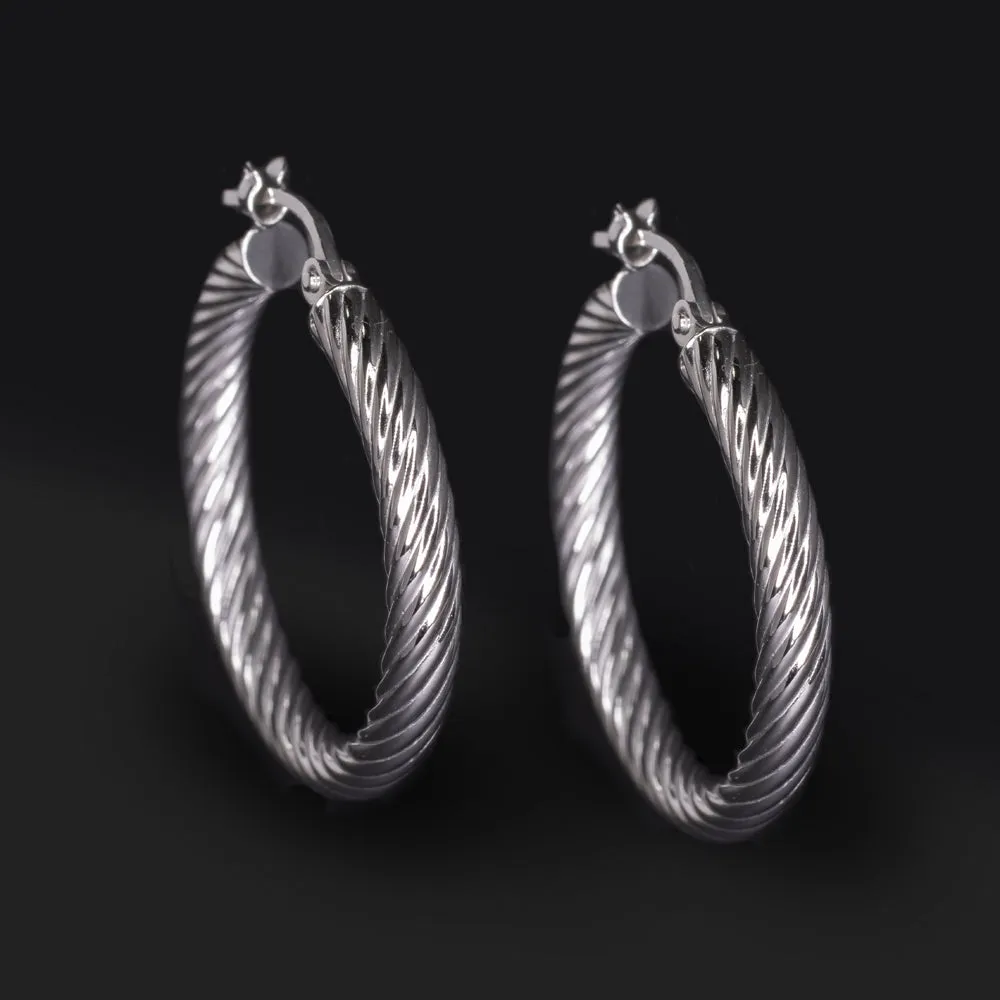 14K WHITE GOLD HOOP EARRINGS TWISTED EVERYDAY JEWELRY CLASSIC ANNIVERSARY GIFT