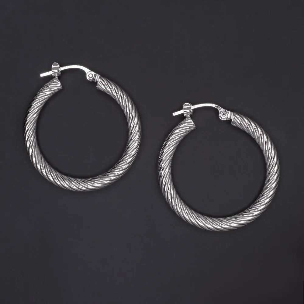 14K WHITE GOLD HOOP EARRINGS TWISTED EVERYDAY JEWELRY CLASSIC ANNIVERSARY GIFT