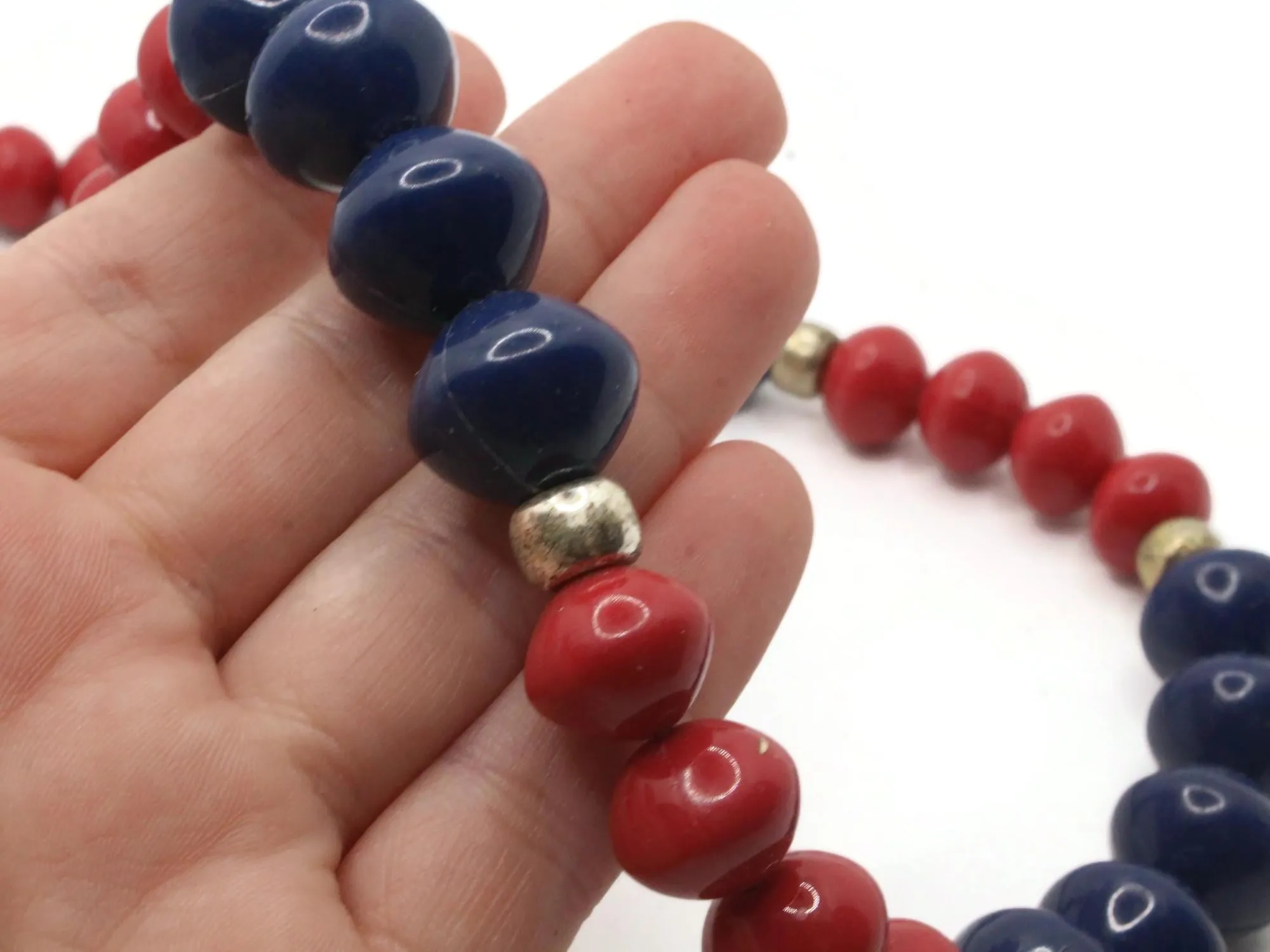 25 Inch Vintage Red and Blue Beaded Necklace