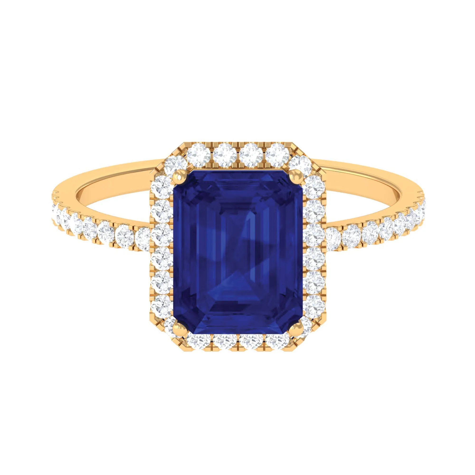 3 CT Emerald Cut Lab Grown Blue Sapphire Halo Engagement Ring