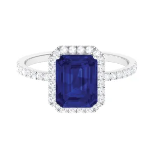 3 CT Emerald Cut Lab Grown Blue Sapphire Halo Engagement Ring