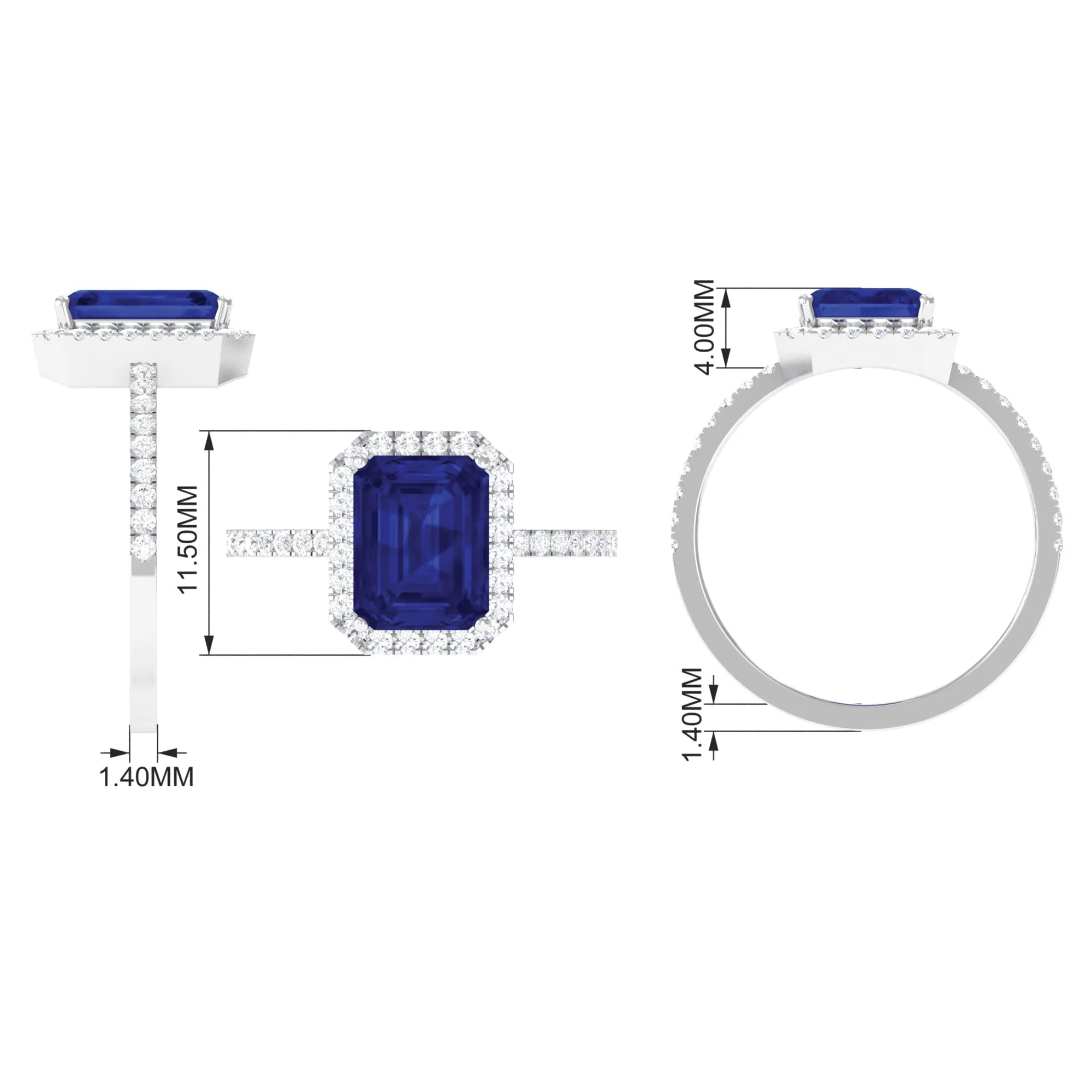 3 CT Emerald Cut Lab Grown Blue Sapphire Halo Engagement Ring