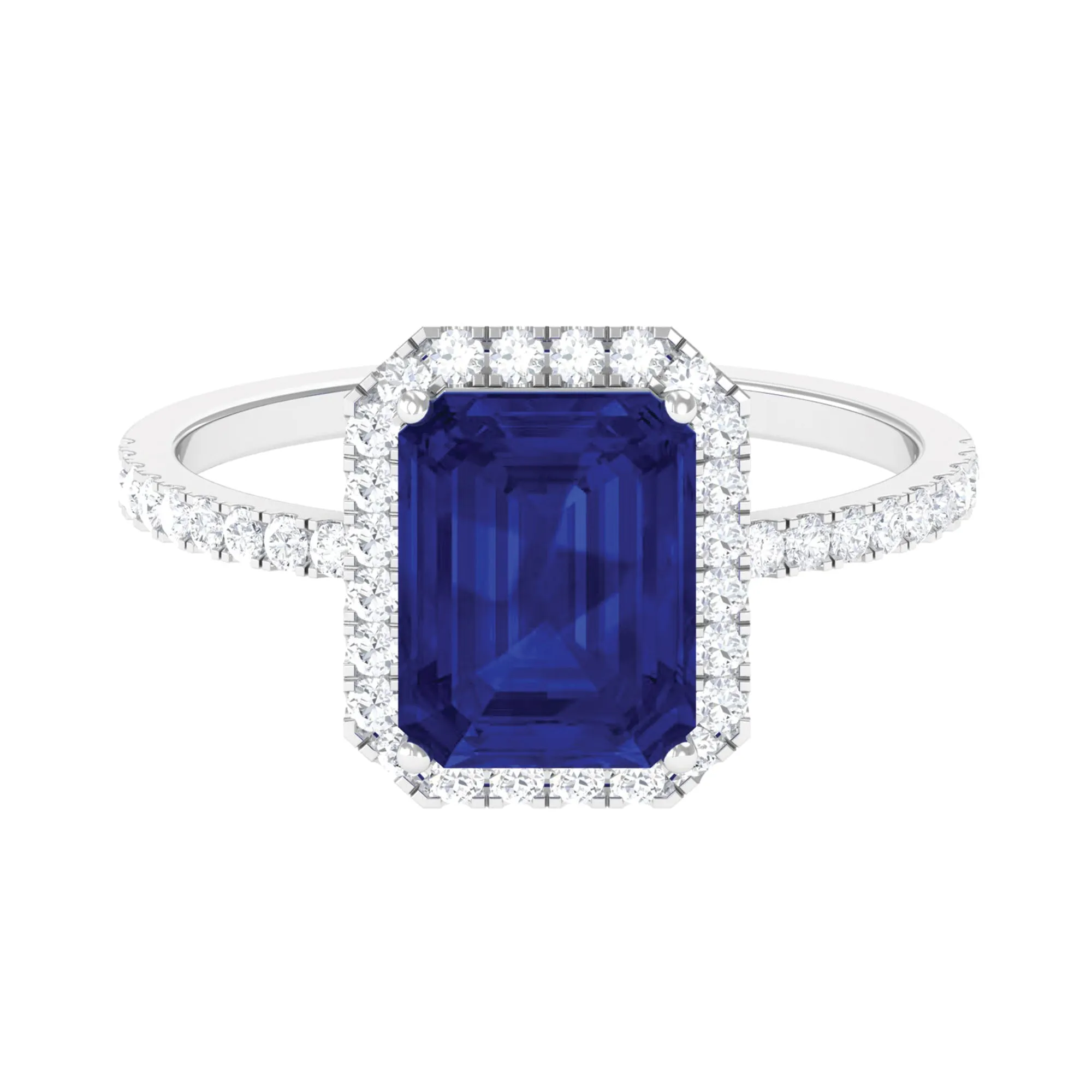 3 CT Emerald Cut Lab Grown Blue Sapphire Halo Engagement Ring