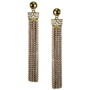 #865e Brass Chain & Gold Tone Fligree Shoulder Duster Earrings