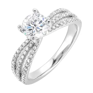 A sparkling round solitaire takes center stage, adorned by a unique three row pinch shank. The subtle gap and dazzling diamonds adds a modern touch.