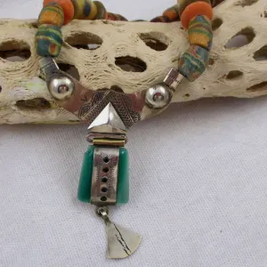 African Antique Silver & Jade Beaded  Pendant Necklace