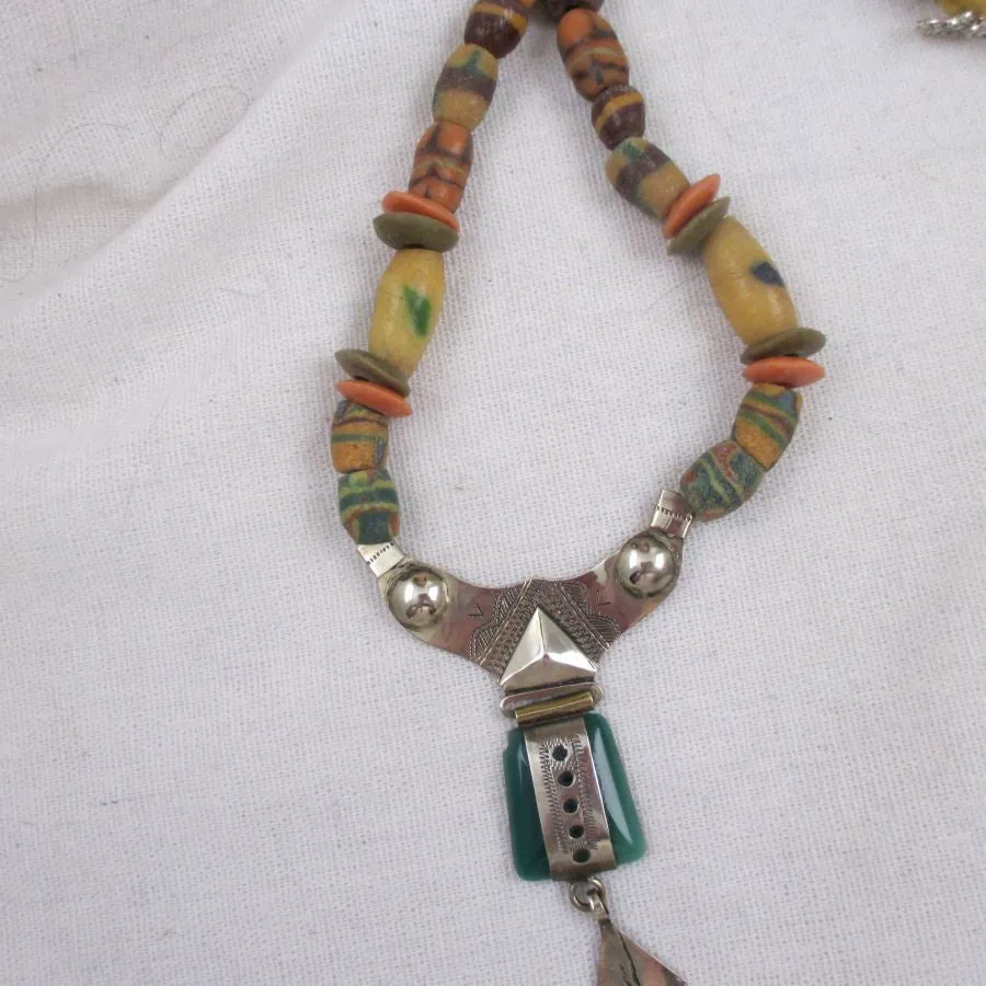 African Antique Silver & Jade Beaded  Pendant Necklace