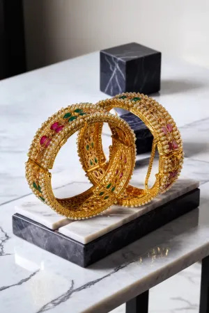 Amika Gold-Plated Bangles with Multicolor Stones and Pearl Accents (Set of 2)