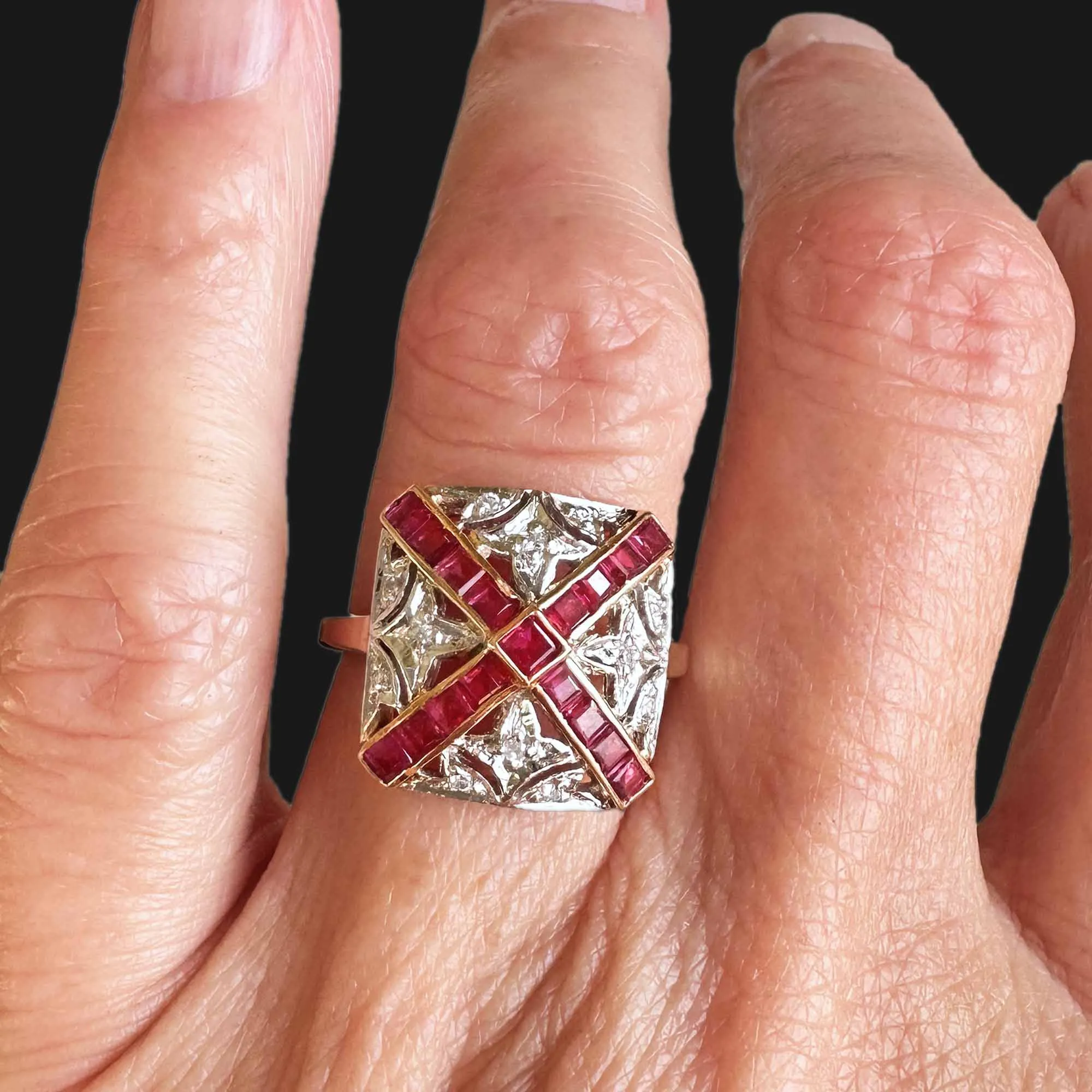 Art Deco Fleur De Lis Diamond Ruby Ring in 14K Gold