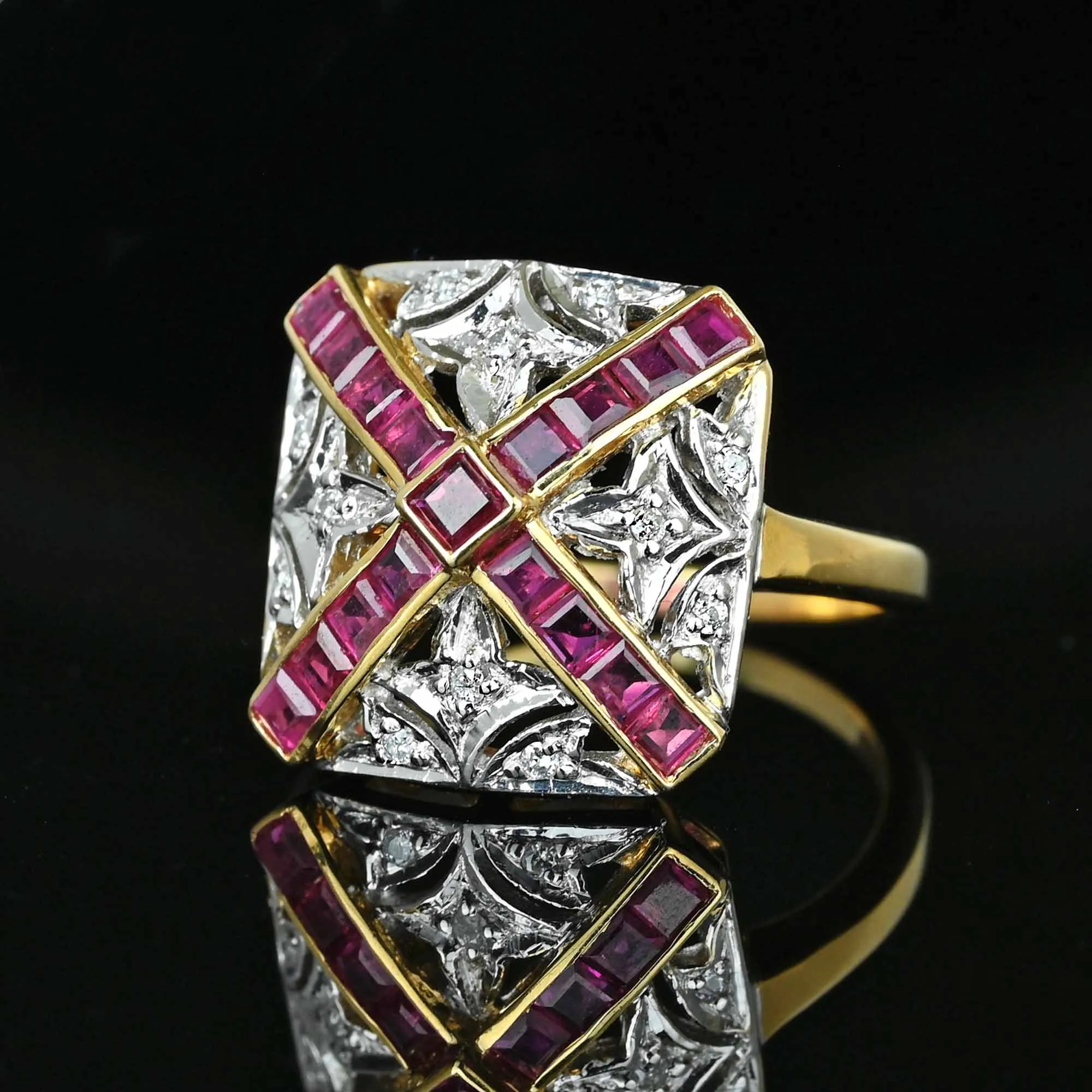 Art Deco Fleur De Lis Diamond Ruby Ring in 14K Gold