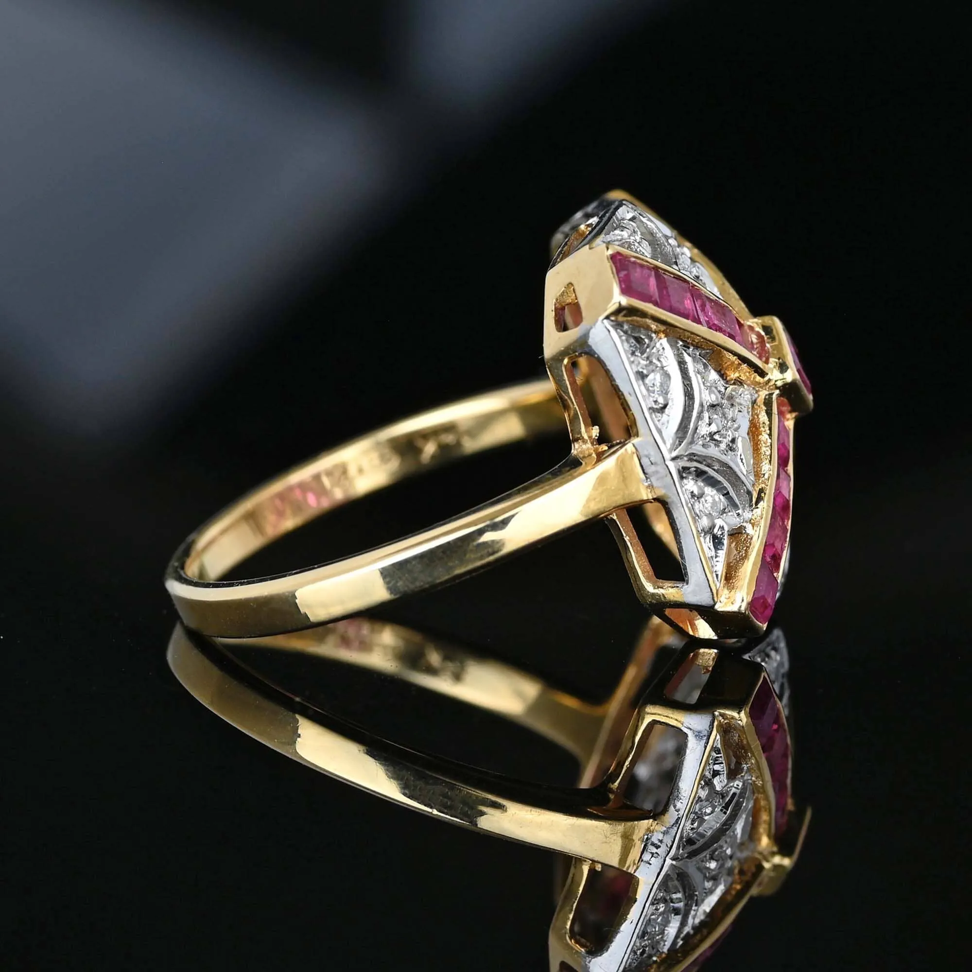 Art Deco Fleur De Lis Diamond Ruby Ring in 14K Gold