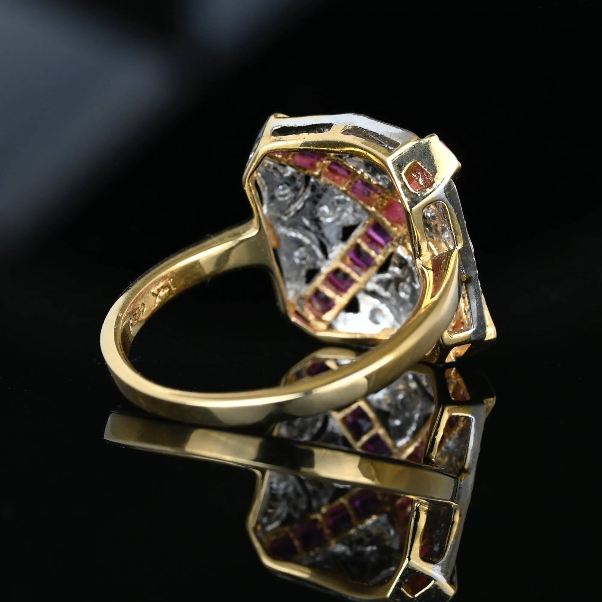 Art Deco Fleur De Lis Diamond Ruby Ring in 14K Gold