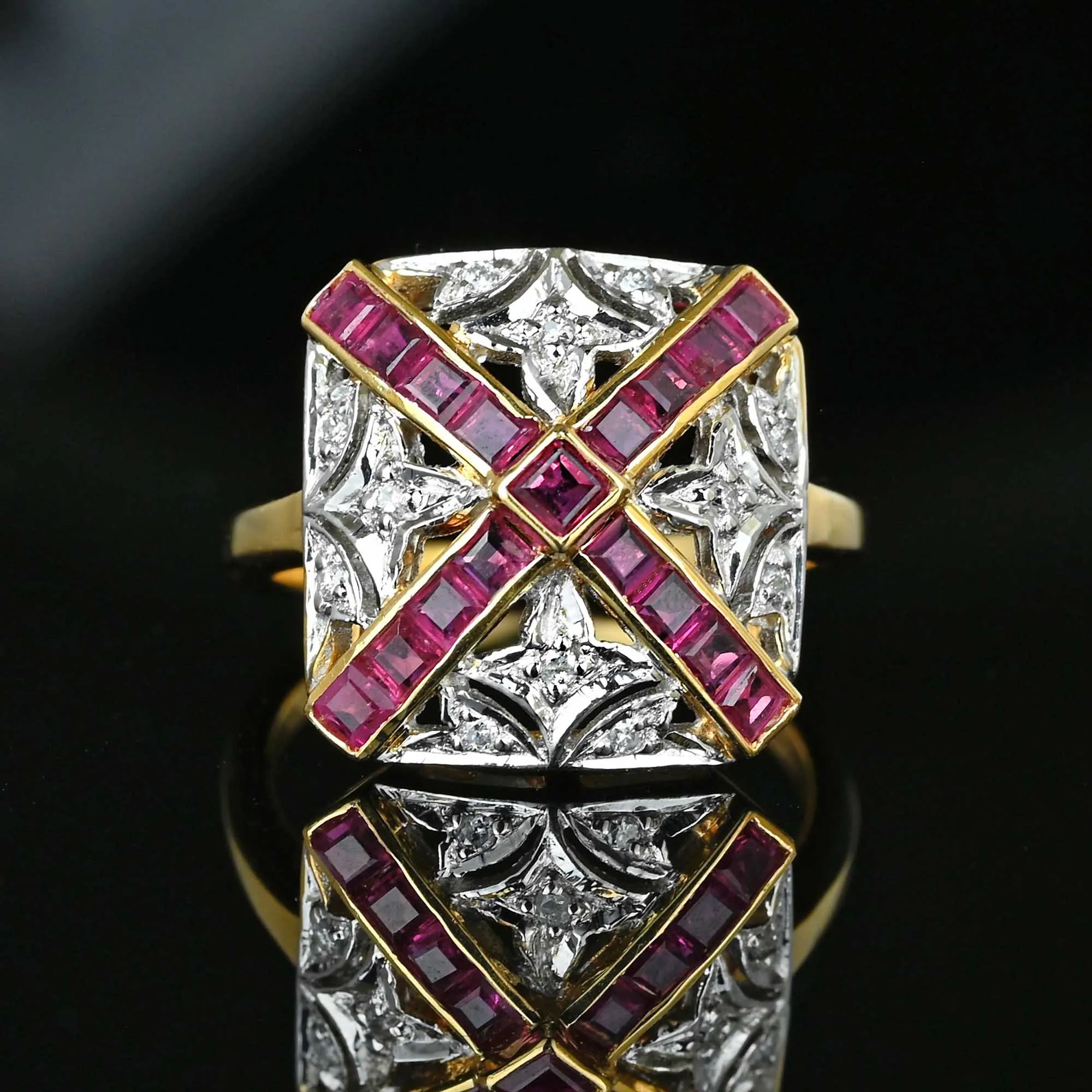 Art Deco Fleur De Lis Diamond Ruby Ring in 14K Gold