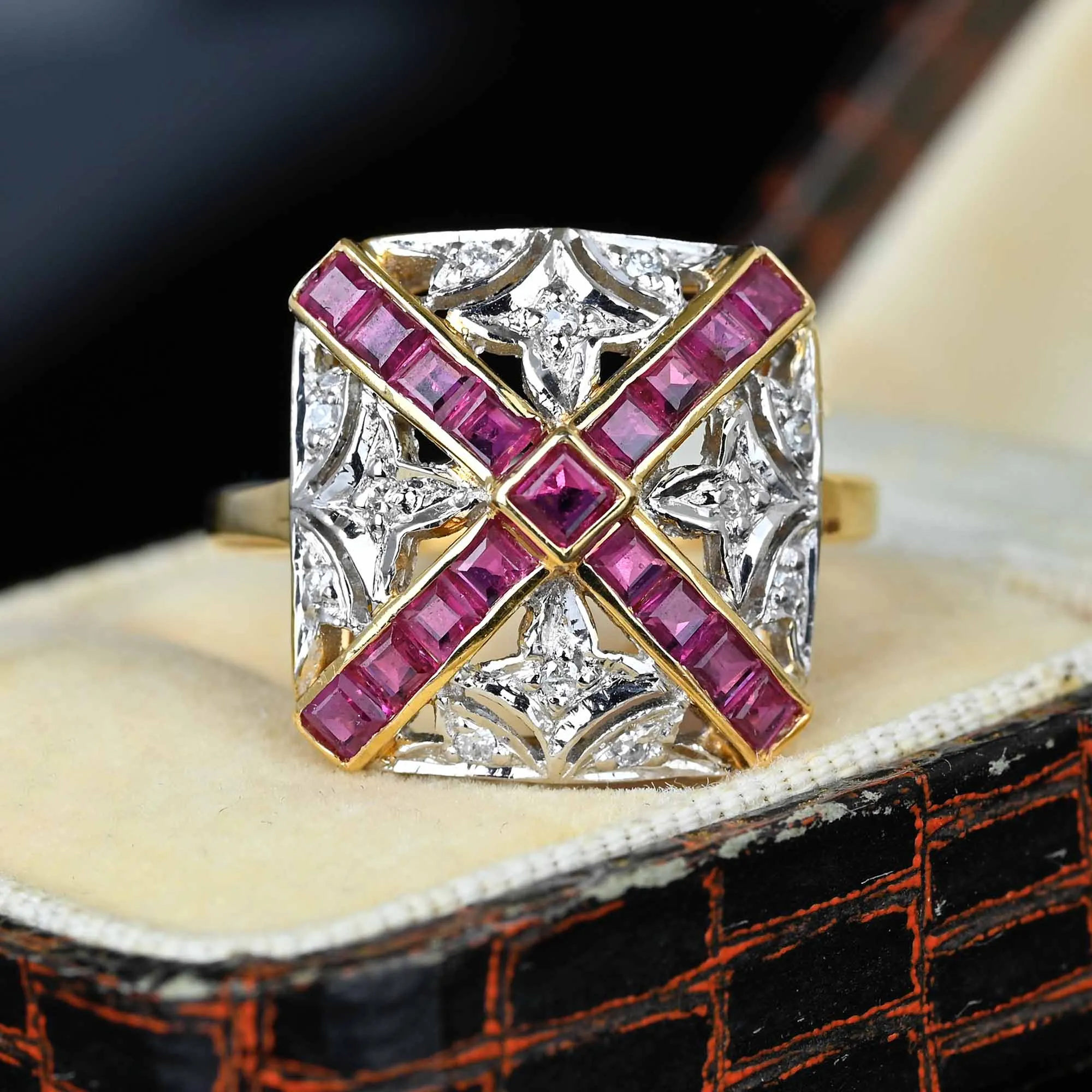 Art Deco Fleur De Lis Diamond Ruby Ring in 14K Gold