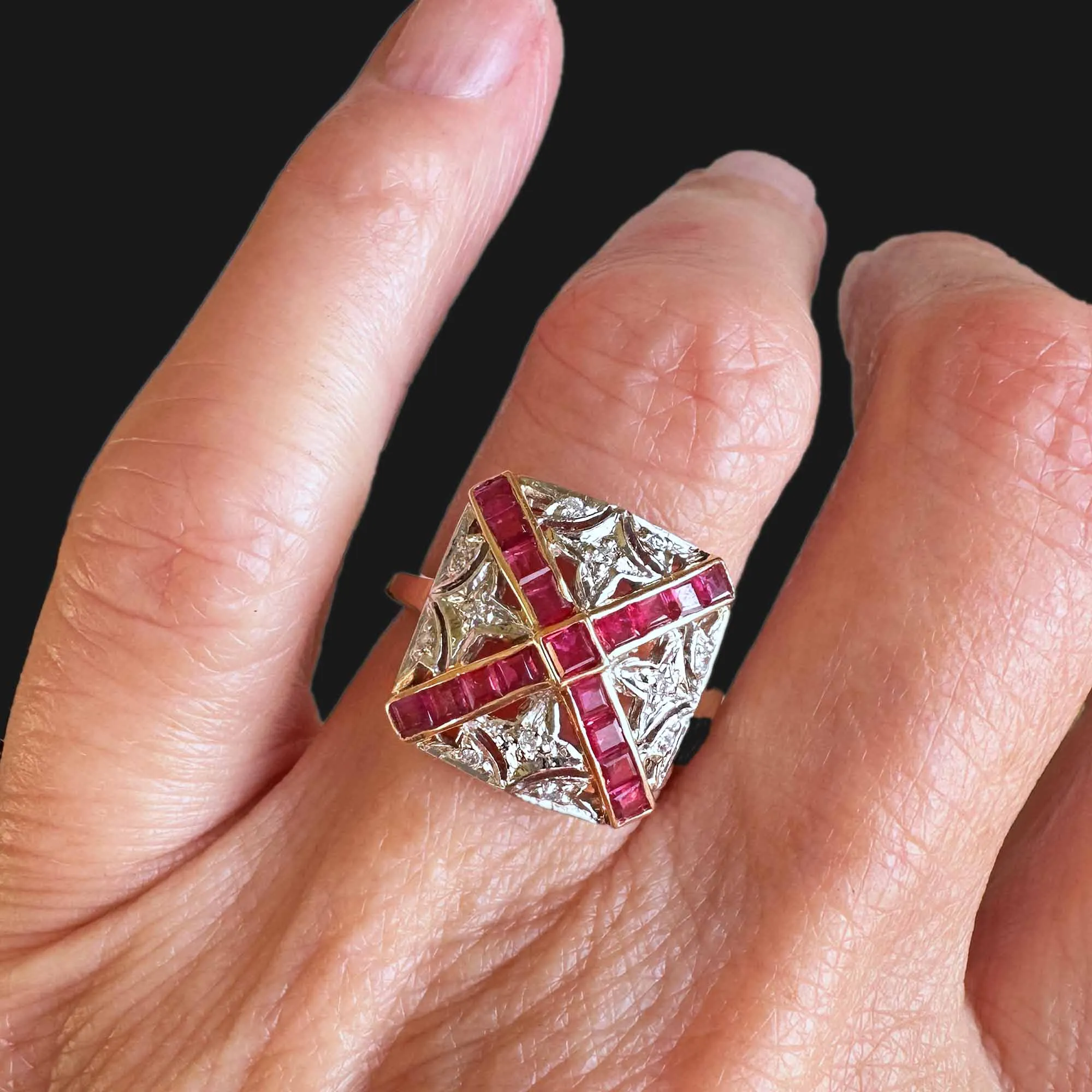 Art Deco Fleur De Lis Diamond Ruby Ring in 14K Gold