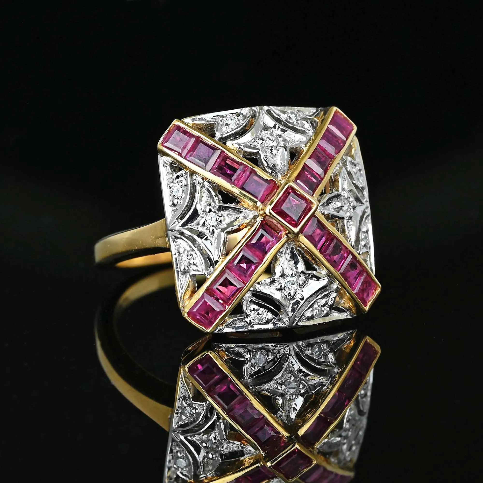 Art Deco Fleur De Lis Diamond Ruby Ring in 14K Gold