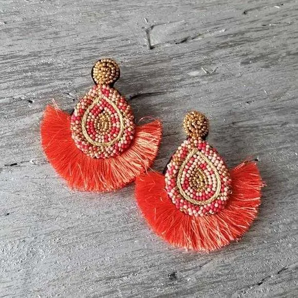 Beads & Tassel Earrings Coral