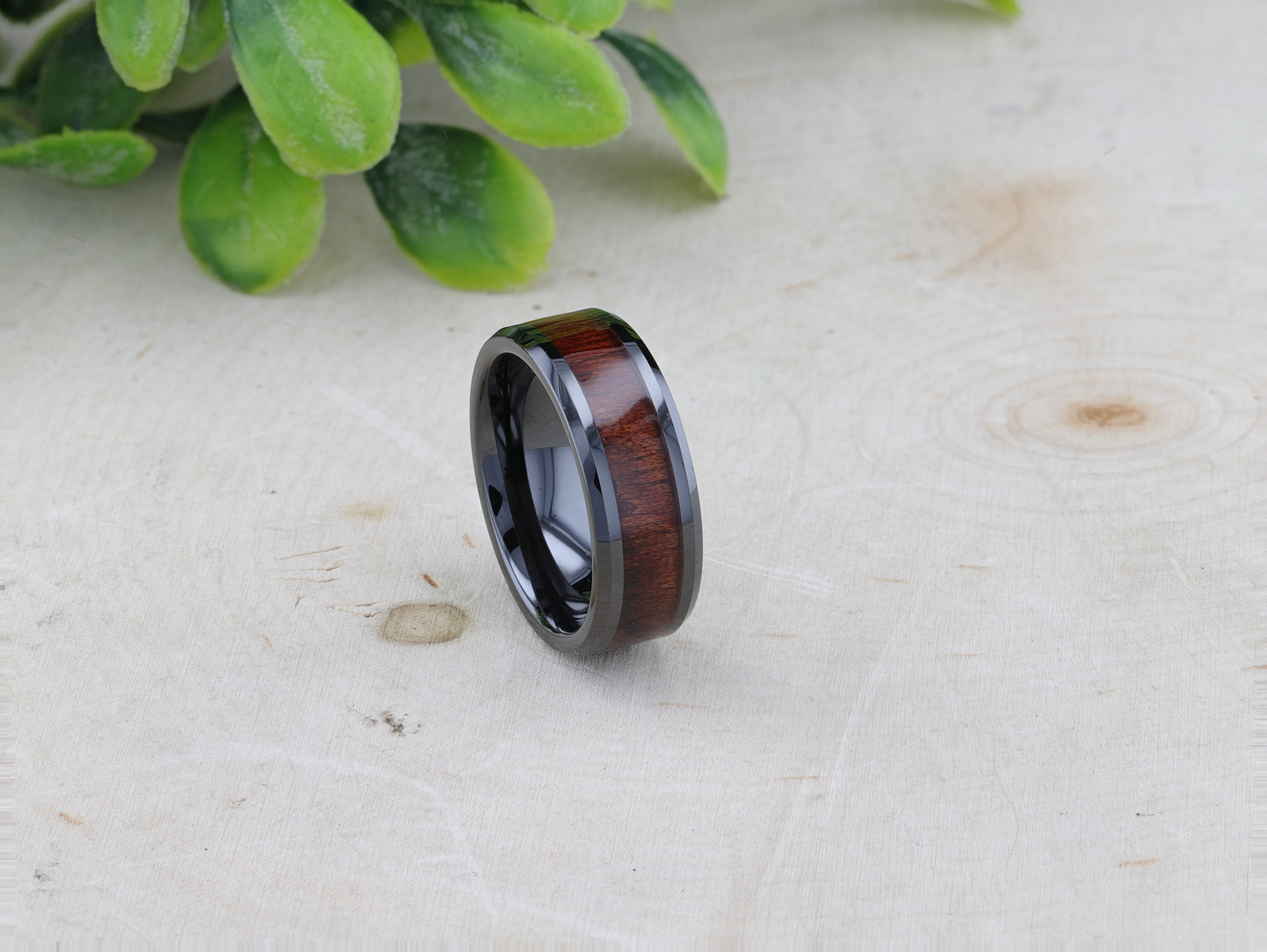 BENNY Black Ceramic Polished Beveled Edges Men’s Wedding Band with Bubinga Wood Inlay - 8mm