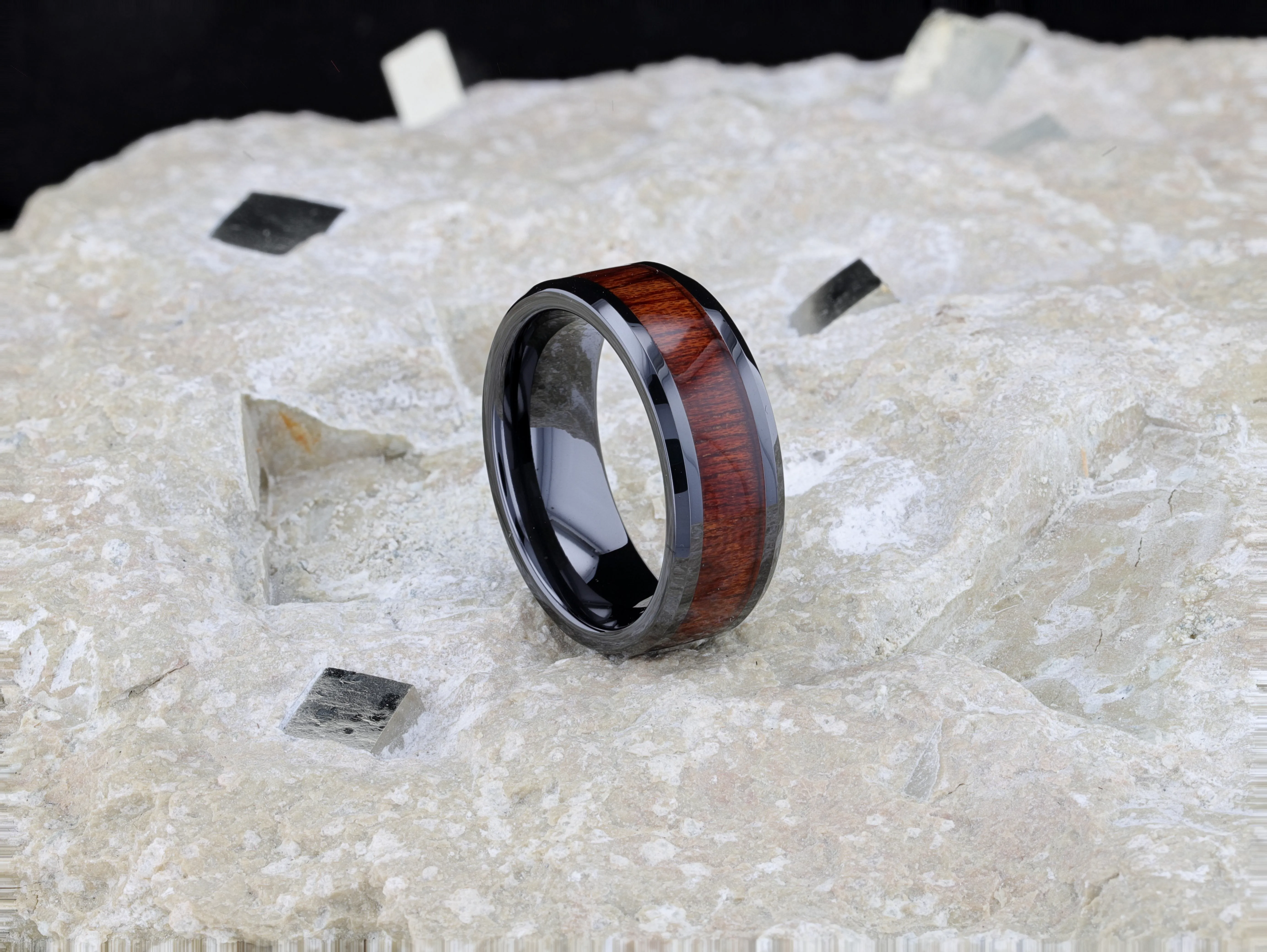 BENNY Black Ceramic Polished Beveled Edges Men’s Wedding Band with Bubinga Wood Inlay - 8mm