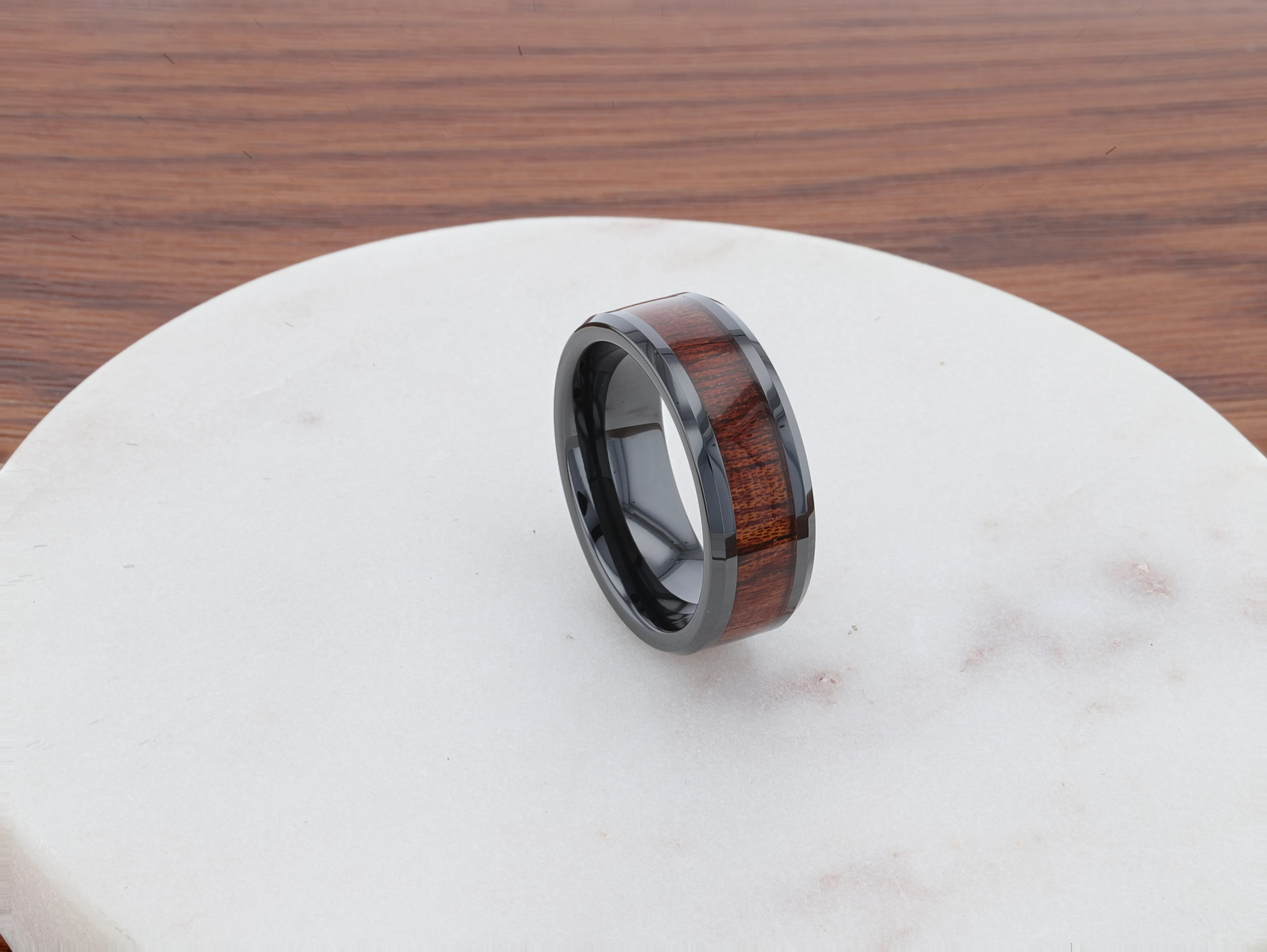 BENNY Black Ceramic Polished Beveled Edges Men’s Wedding Band with Bubinga Wood Inlay - 8mm