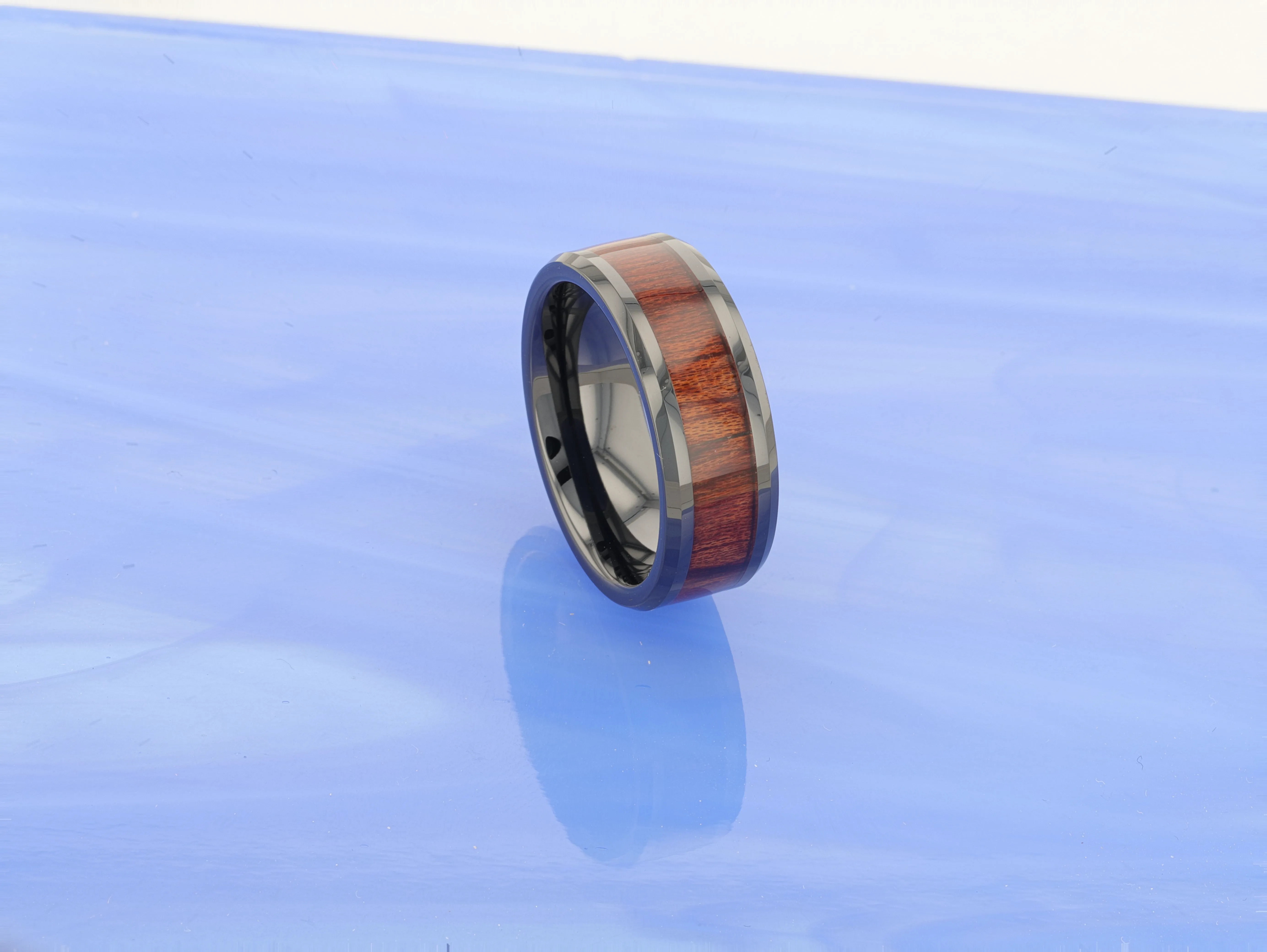 BENNY Black Ceramic Polished Beveled Edges Men’s Wedding Band with Bubinga Wood Inlay - 8mm