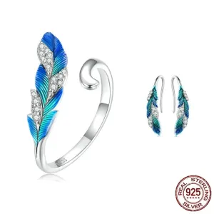 Blue Peacock Feather Open Ring and Earrings Jewelry Set - 925 Sterling Silver