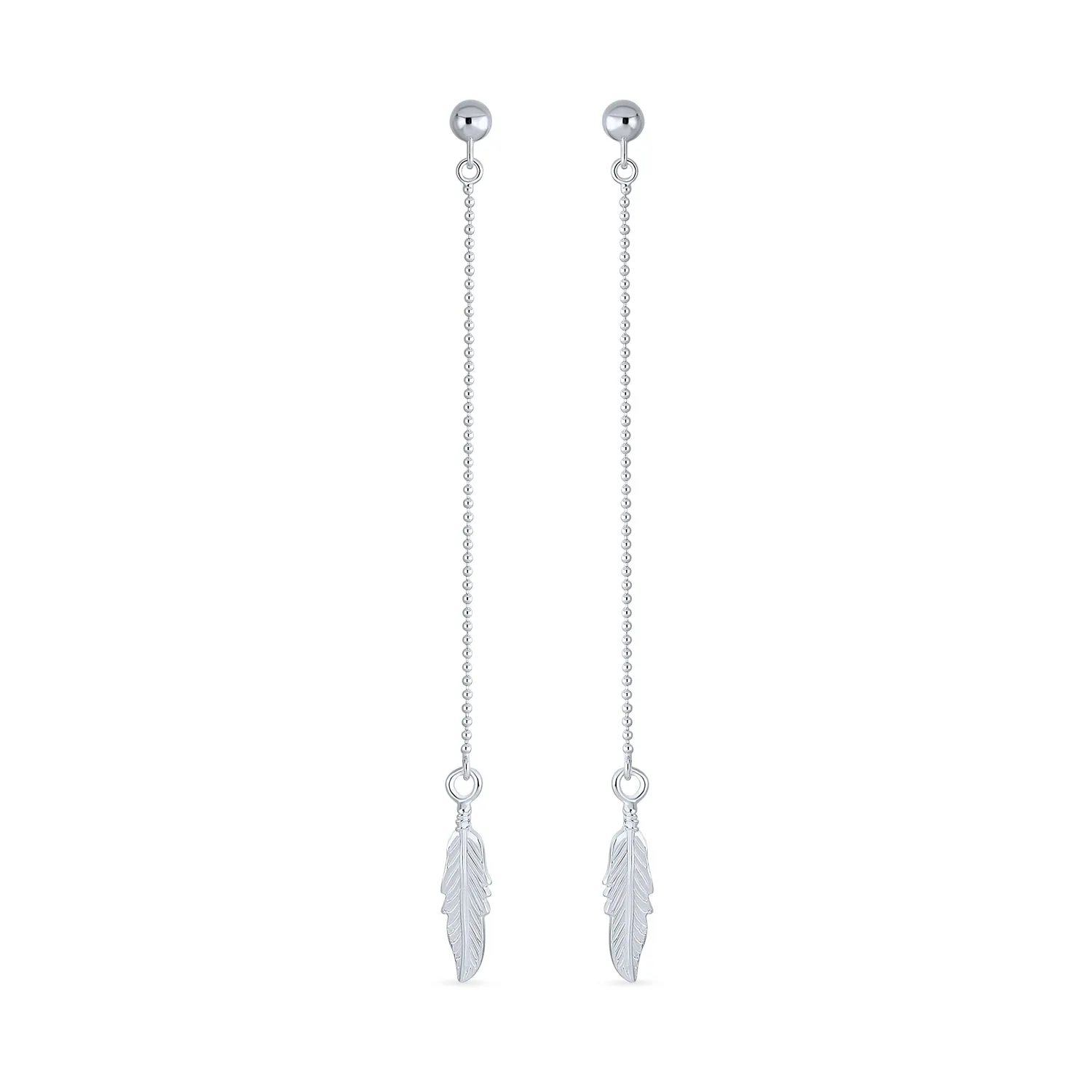 Boho Minimalist Feather Leaf Dangle Earrings Beaded Ball Chain Sterling Silver