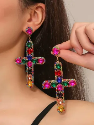 Color Wow Rhinestone Cross Earrings