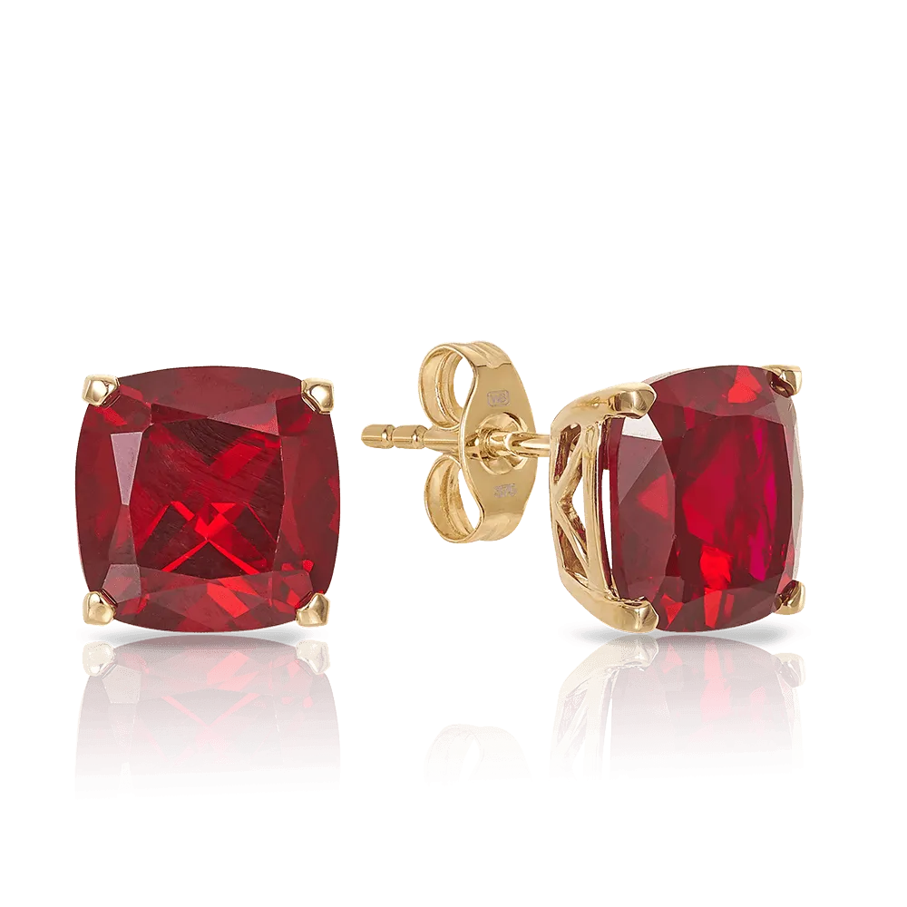 Cushion Cut Created Ruby Studs in 9ct Yellow Gold