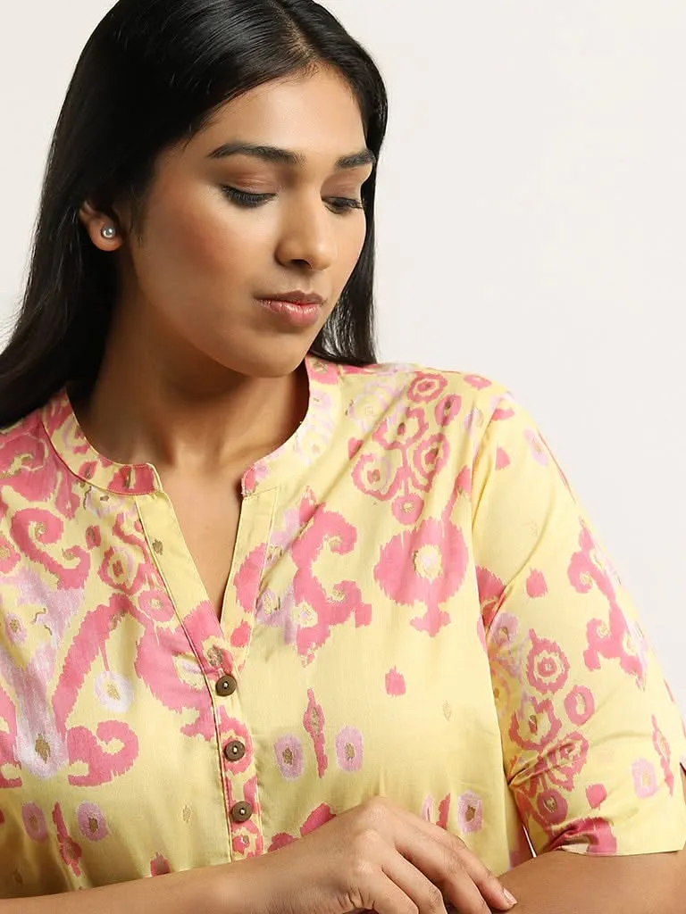 Diza Yellow Ikkat Printed Cotton Kurta