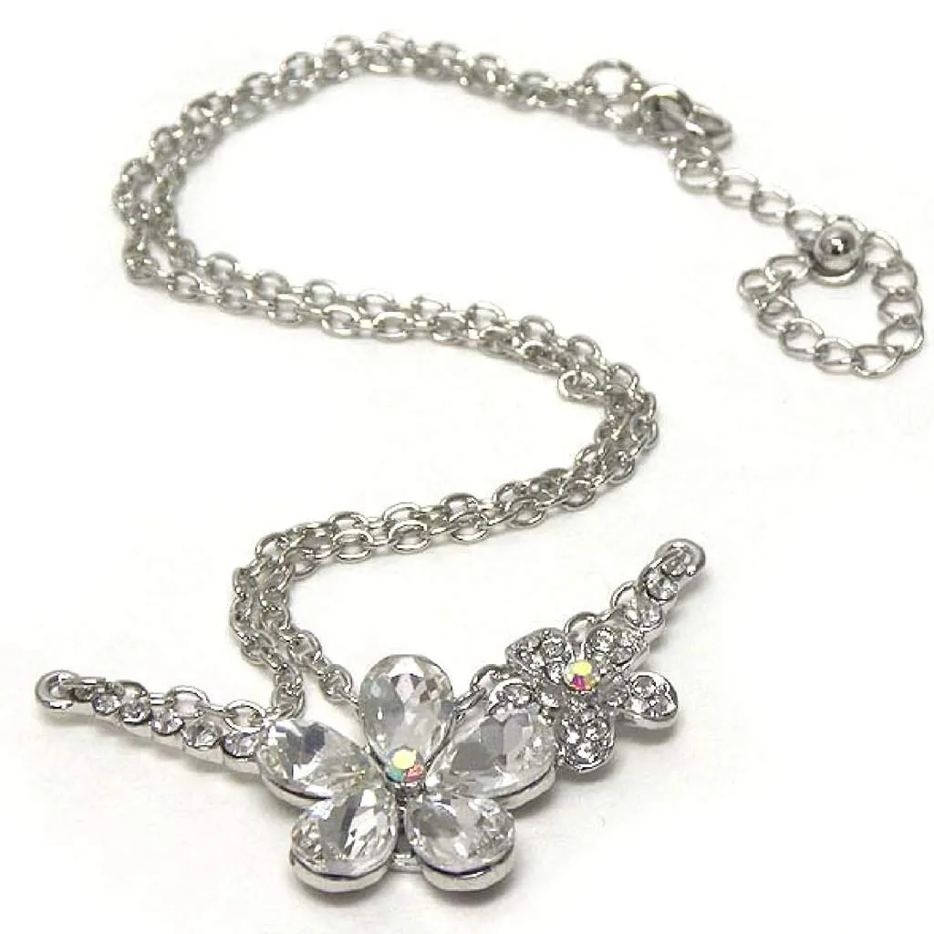 Double Silver Crystal Flower Link Necklace