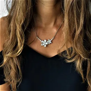 Double Silver Crystal Flower Link Necklace