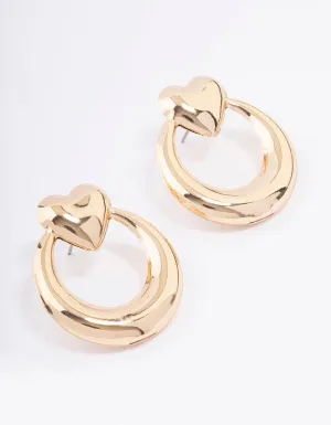 Gold Large Heart Ring Stud Earrings