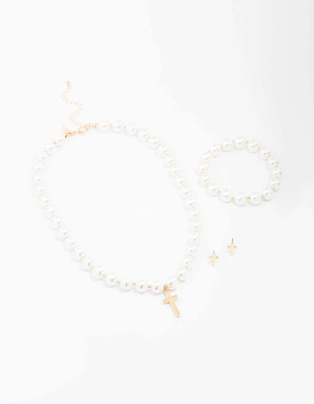 Gold Pearl Cross Matching Jewellery Set