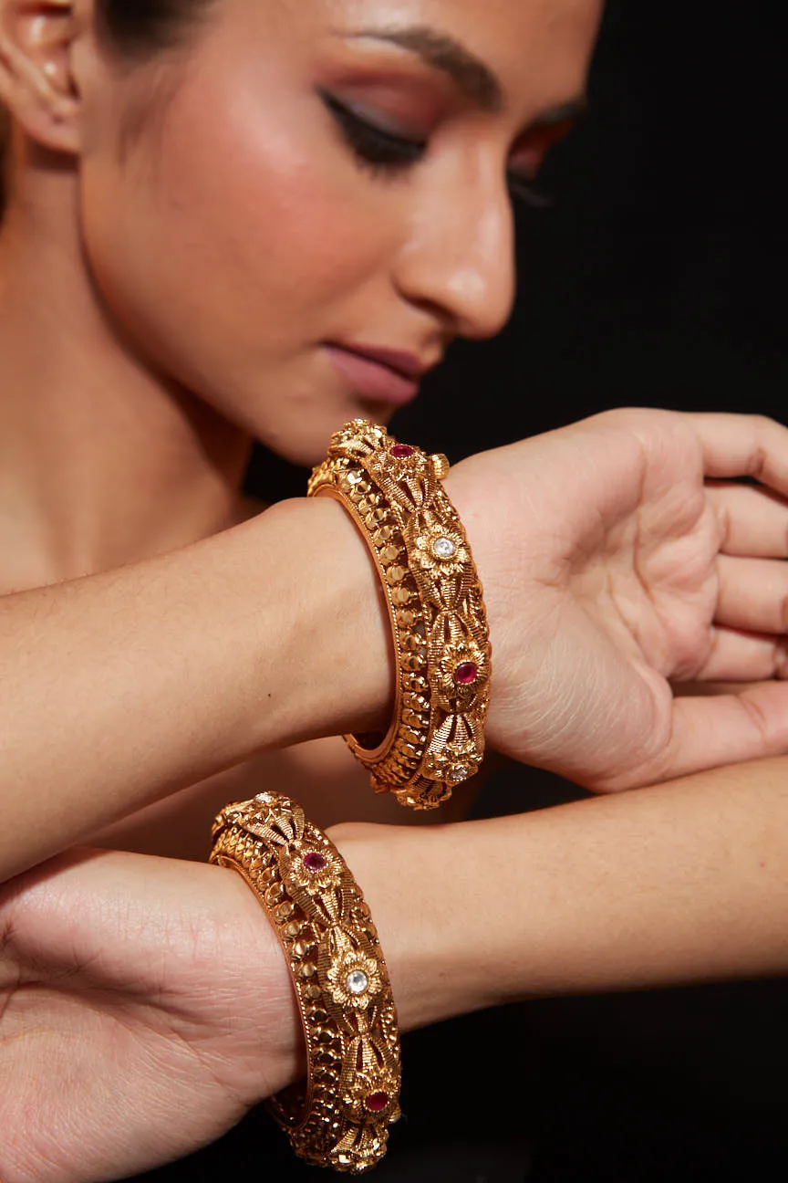 Gold Plated Kundan With Red Onyx Stone Screw Openable Bangles, Set of 2