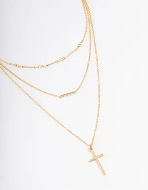 Gold Plated Layer Bar & Cross Layered Necklace