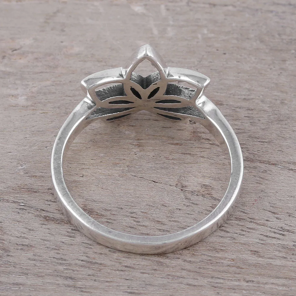 Graceful Lotus Sterling Silver Lotus Flower Cocktail Ring from India