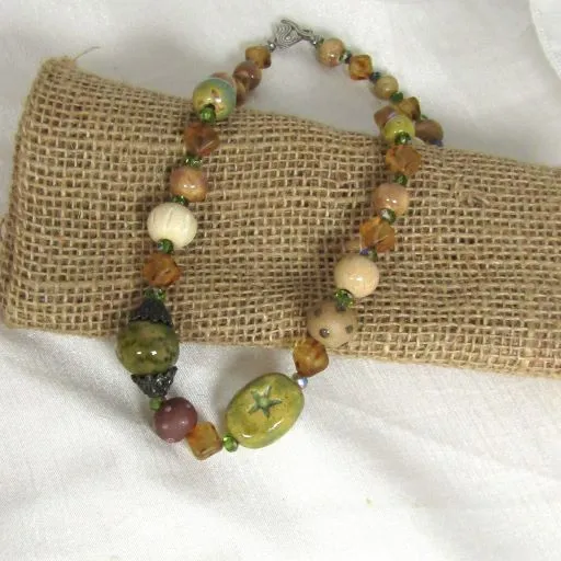 Green and Beige Handmade Artisan Bead Necklace Whimsical