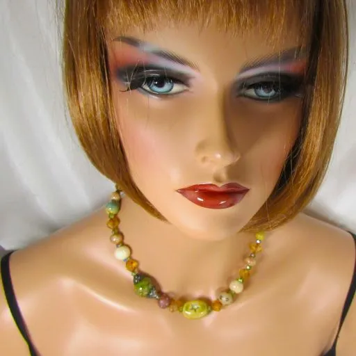 Green and Beige Handmade Artisan Bead Necklace Whimsical