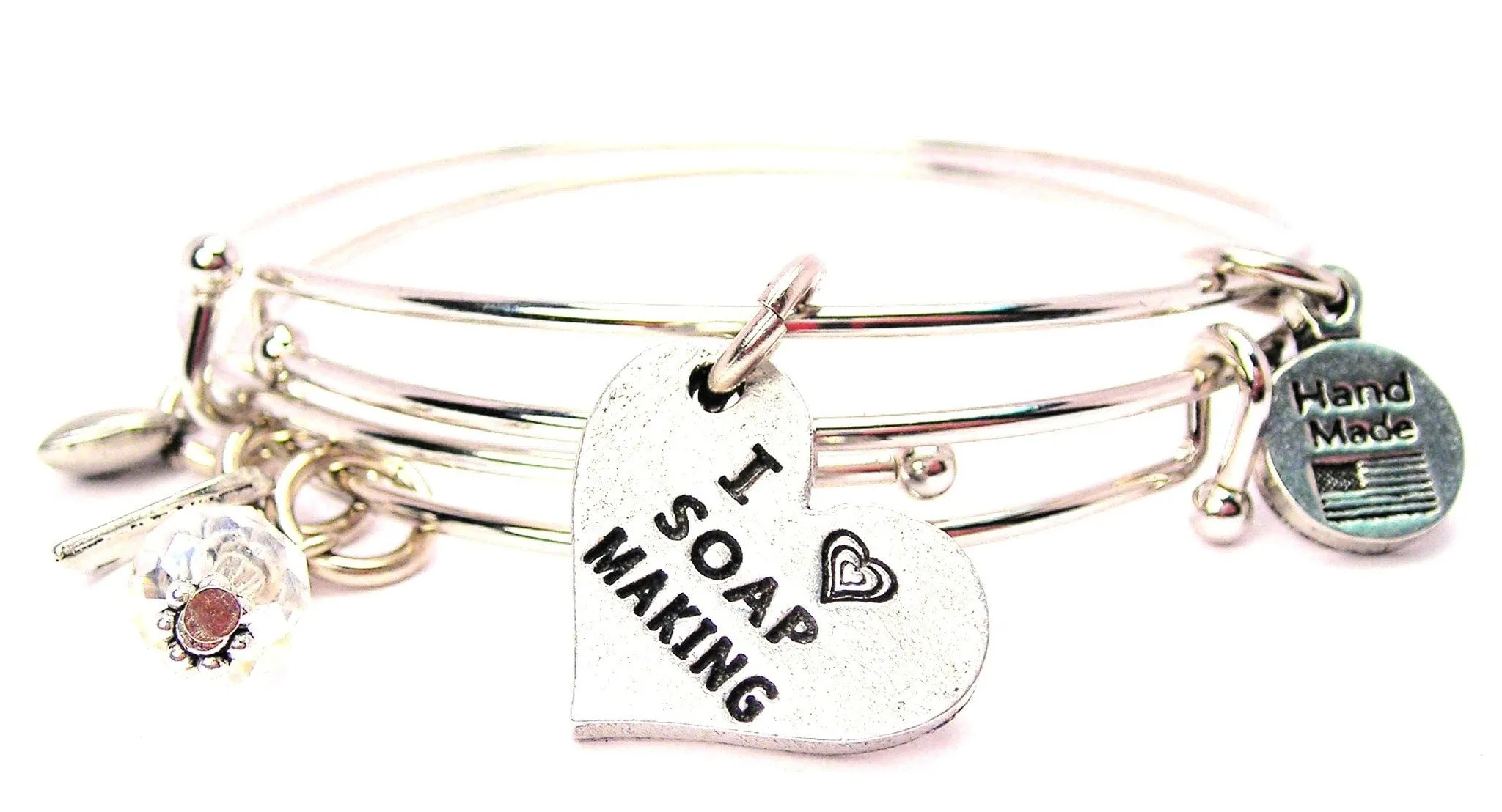 I Love Soap Making Heart Expandable Bangle Bracelet Set