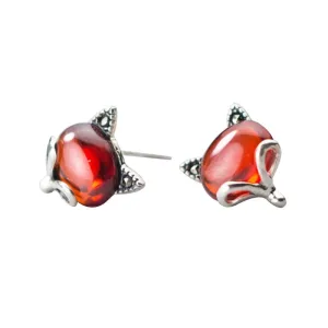 Lady Fashion Ruby Stone Fox Stud Earrings - 100% 925 Sterling Silver