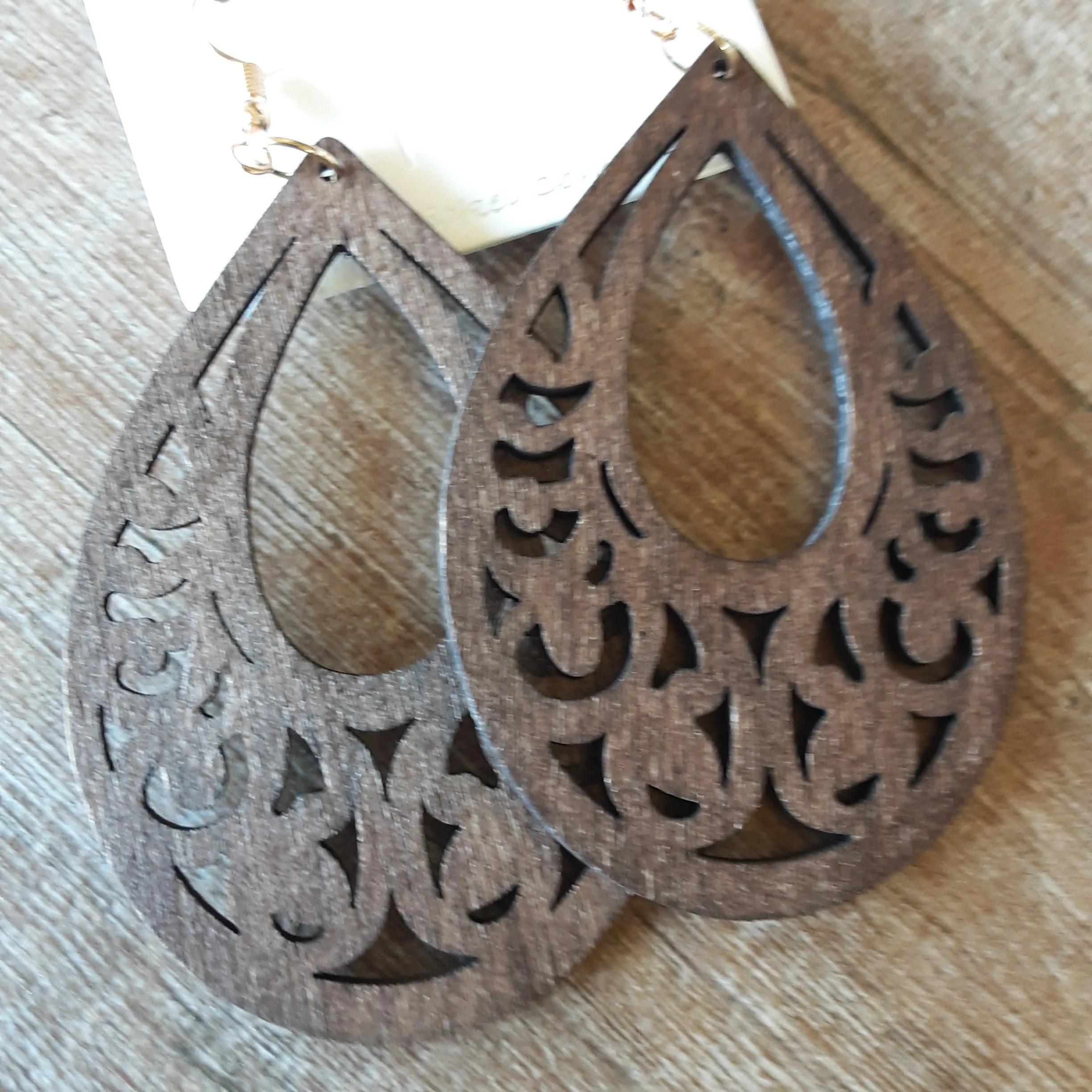 Laser Cut Light Weight Wood Teardrop Shaped Earrings