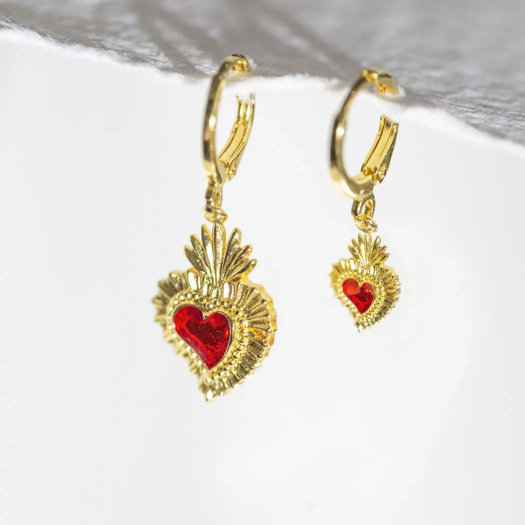 Mismatched Sacred Heart Earrings - Gold