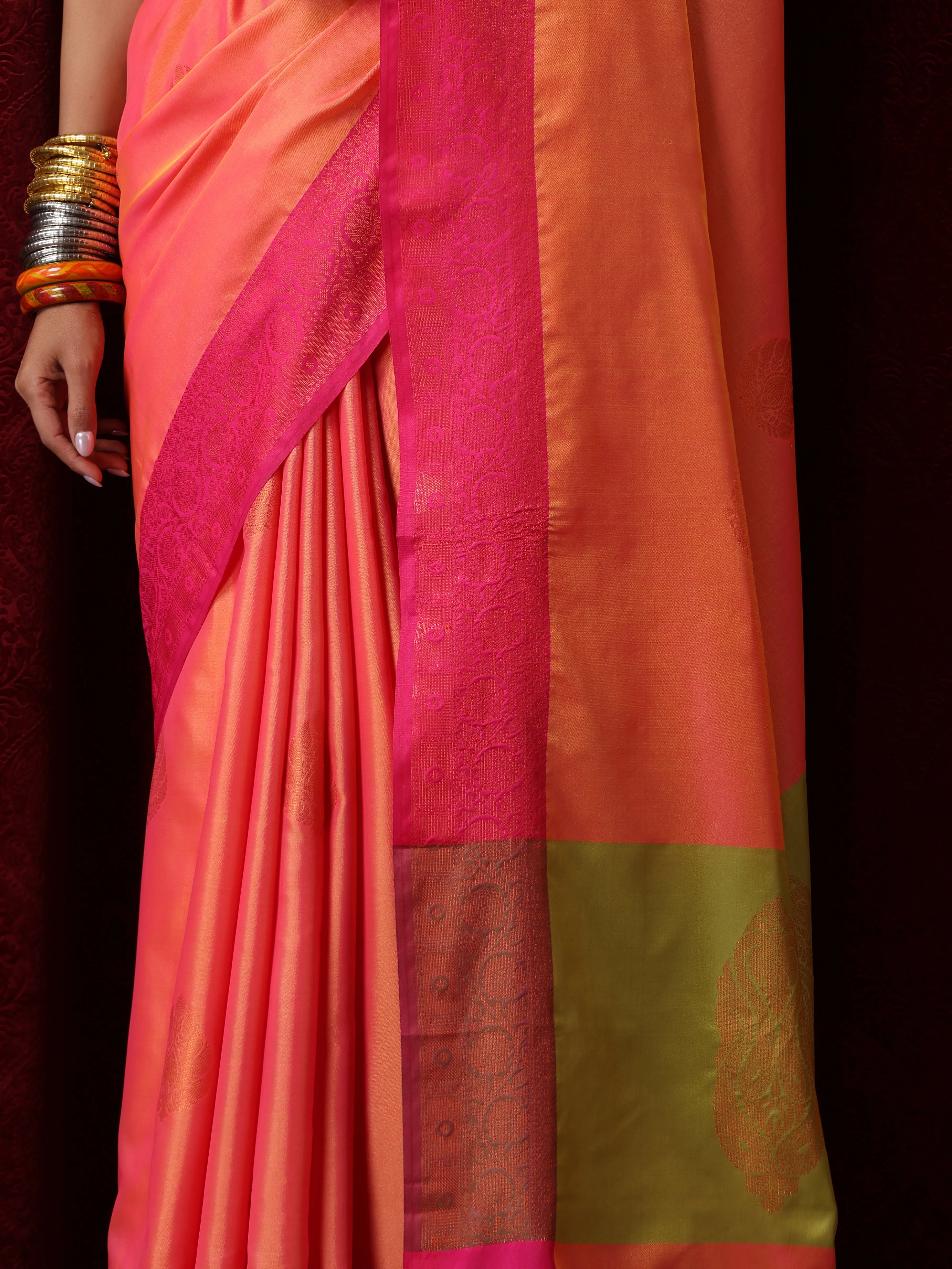 Orange Red Blended Soft Silk Saree with Blouse Fabric